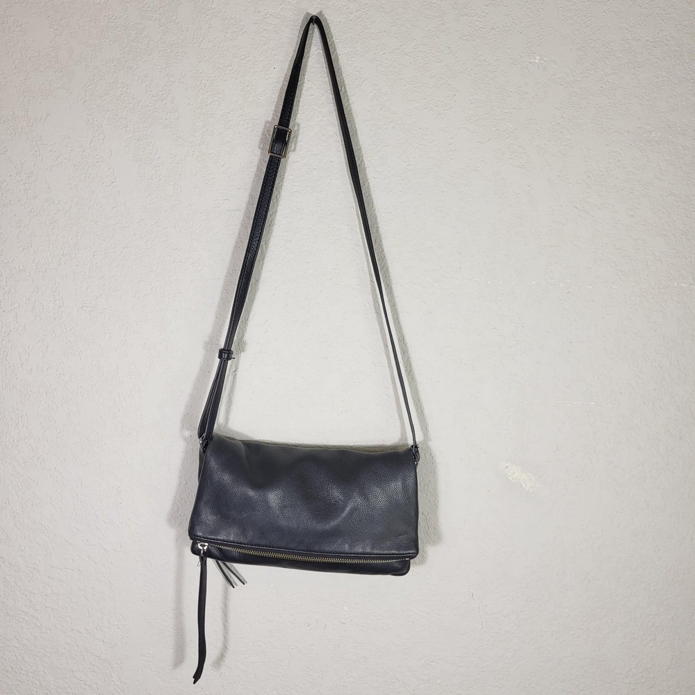 Margot Black Pebbled Leather Foldover Crossbody Bag Adjustable Strap Tassel Zip